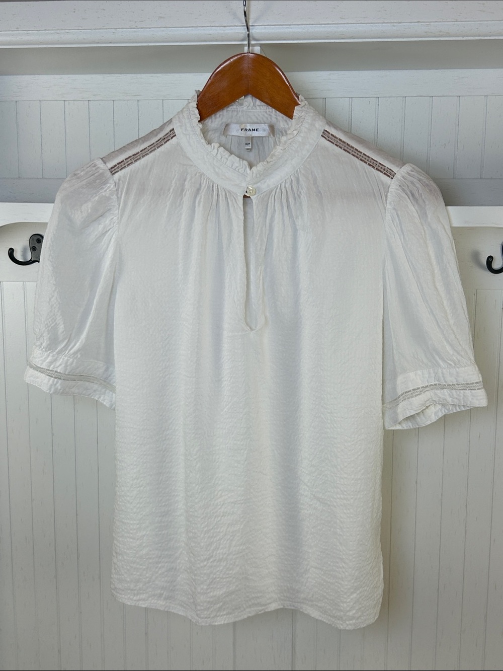 FRAME White Linen Blend Ruffle Lace Blouse Medium